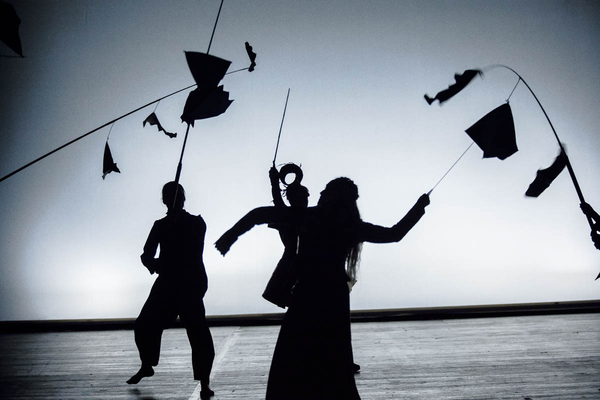 Ciemne sylwetki trzech poruszających się gwałtownie ciemnych postaci w obcisłych strojach na tle jasnego tła. W dłoniach trzymają kije z przymocowanymi do nich tkaninami imitującymi ptaki.biety i mężczyzny.