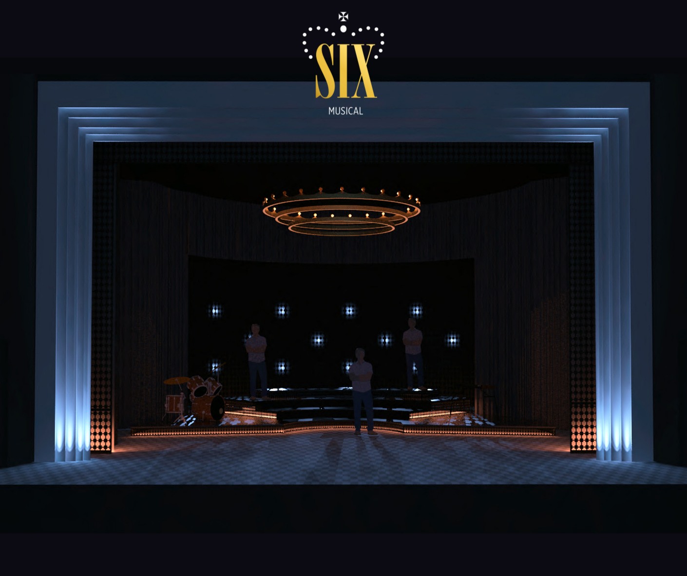 Projekt scenografii i oświetlenia sceny. Na podświetlonych wieloma żarówkami schodach widać 3 postacie. W lewej części sceny zestaw perkusyjny