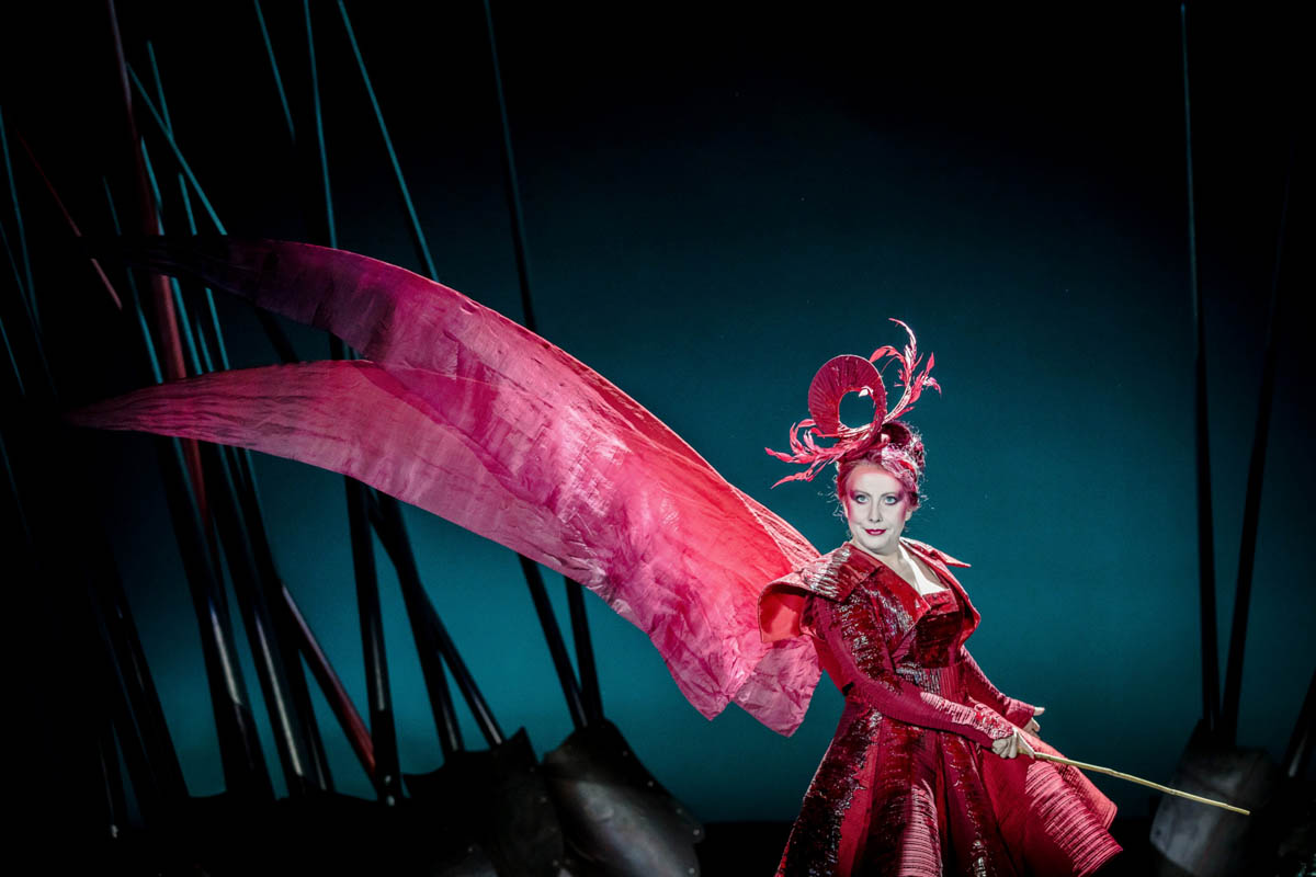 Kobieta w szerokiej sukni z dużymi z imitacjami skrzydeł ptasich z cienkiej tkaniny przymocowanymi na plecach i w kapeluszu z piór ptasich stoi na tle niesymetrycznie rozstawionych wysokich drągów imitujących kopie rycerskie.