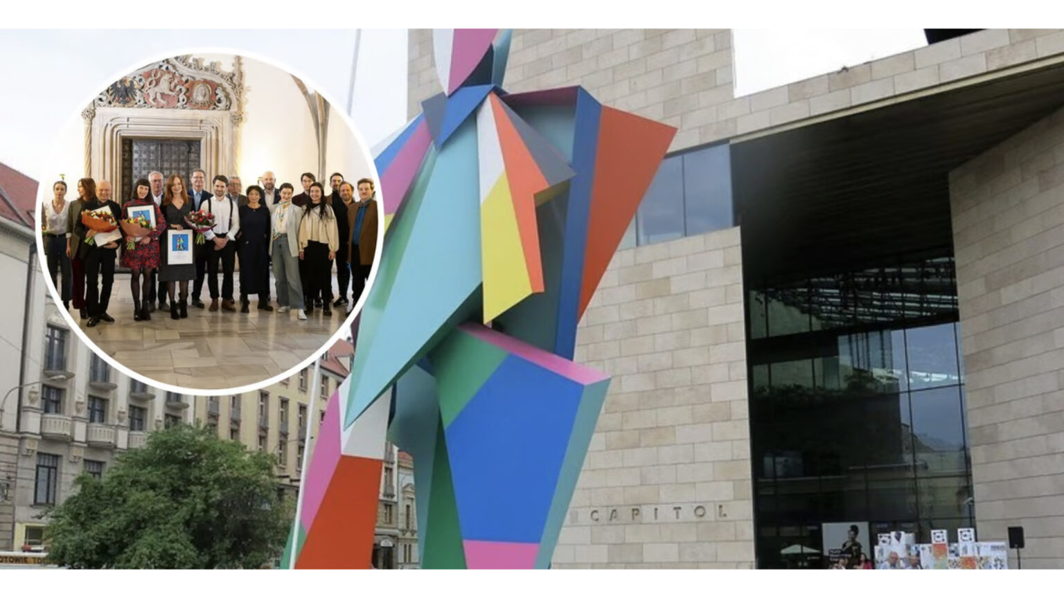 a dużym zdjęciu rzeźba Arlekina przy Teatrze Muzycznym Capitol, na małym zdjęciu w kółku ubiegłoroczni laureaci I edycji Nagród Arlekin