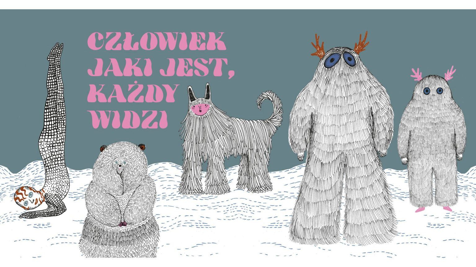 Ciekawa grafika spektaklu ,,Człowiek, jaki jest każdy widzi”. Grafika rysowana jest czarną , wyraźną kreską, kształty wypełnione są kolorem.