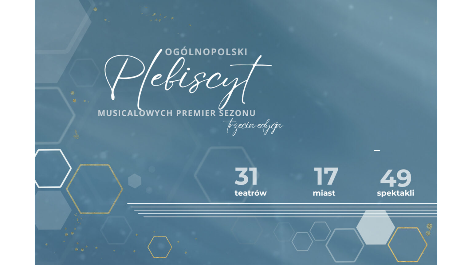 NIEBIESKA grafika PLEBISCYTU MUSICALOWEGO. Niebieska tło na którego tle znajdują się białe napisy.