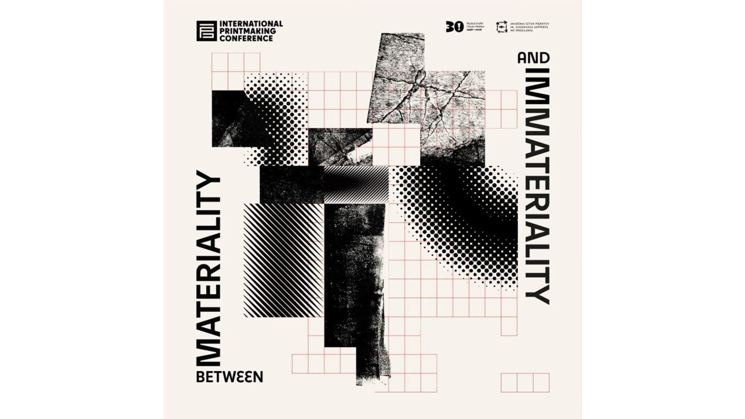 czarno biały plakat wystawy Między materialnością a niematerialnością