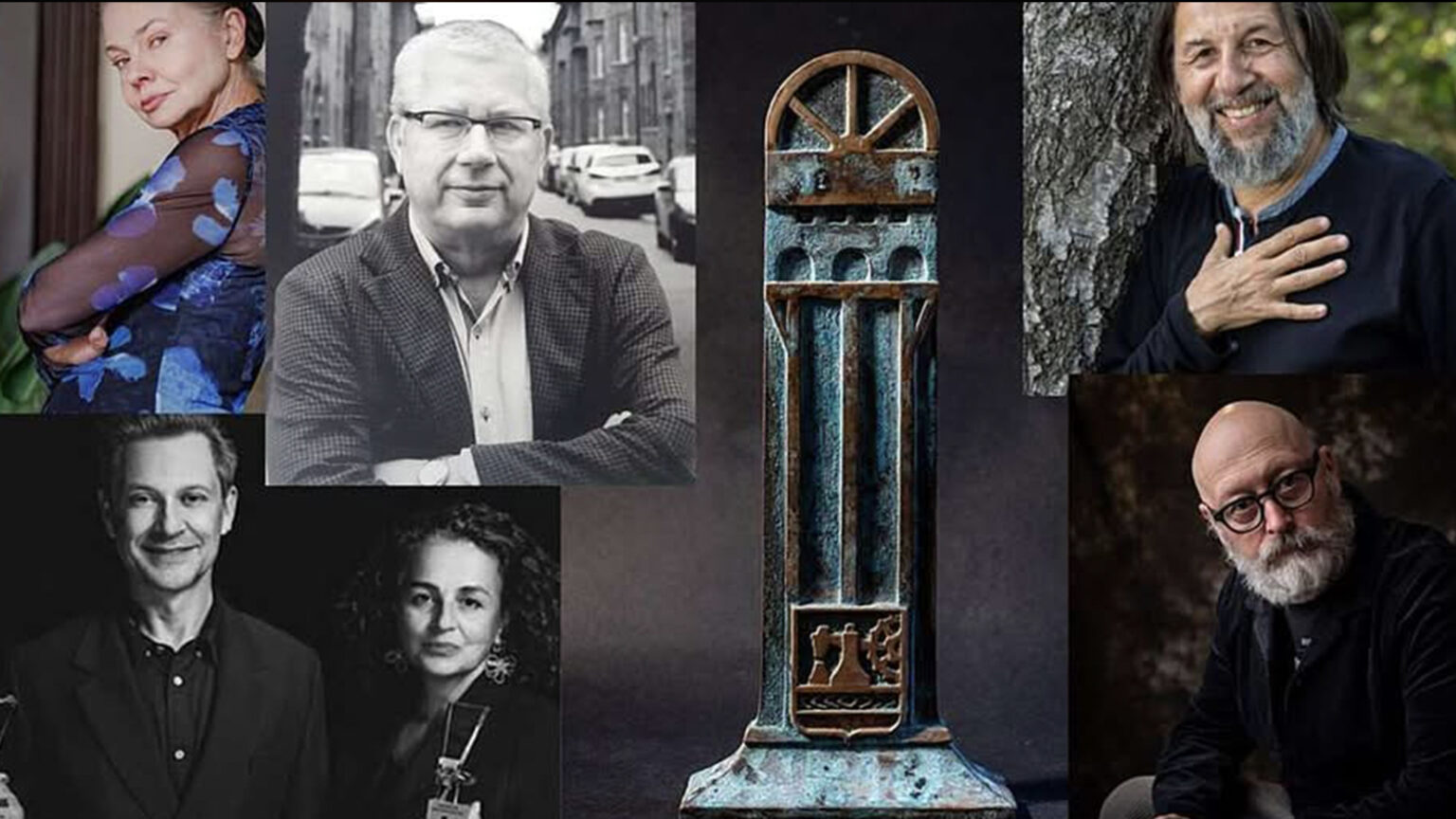 Kolaż złożony z 6 portretów fotograficznych oraz zdjęcia statuetki.